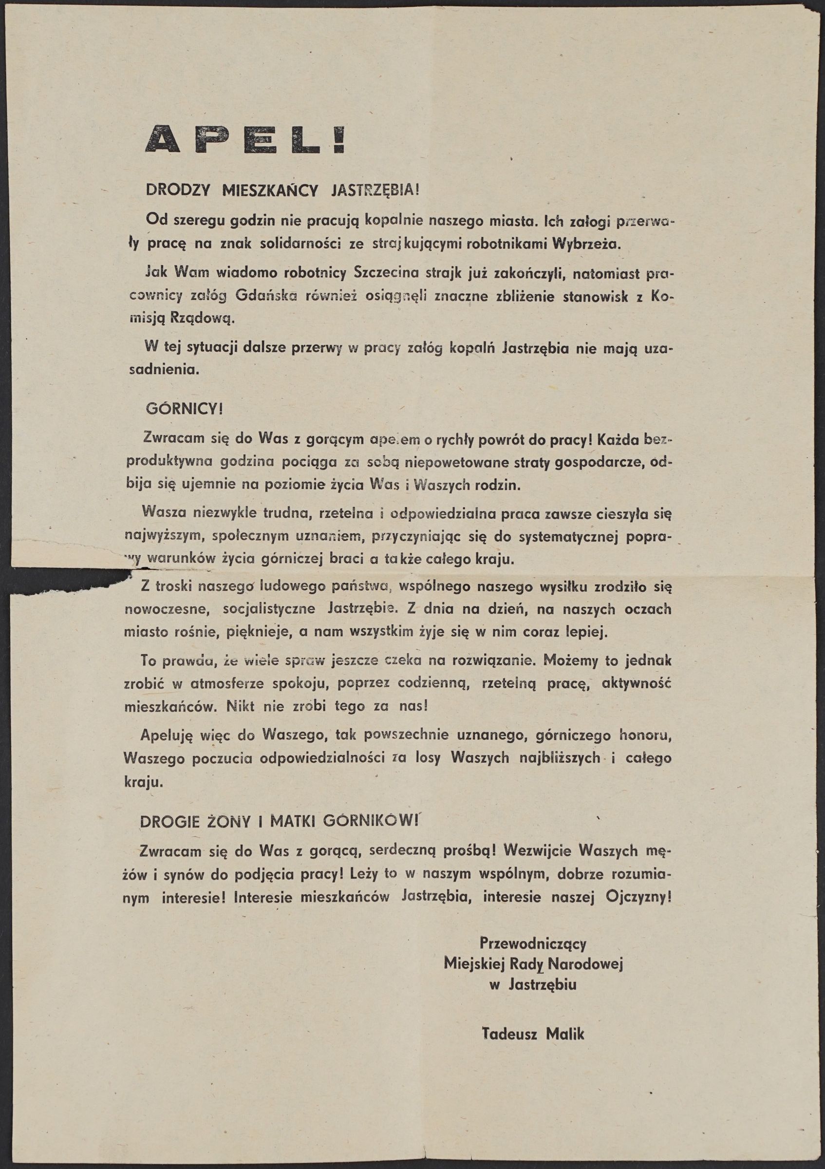 Jednostronicowy druk z nagłówkiem „Apel!”. Zaczyna się od słów „Drodzy mieszkańcy Jastrzębia! Od szeregu godzin nie pracują kopalnie naszego miasta”. Lewy brzeg kartki naddarty.