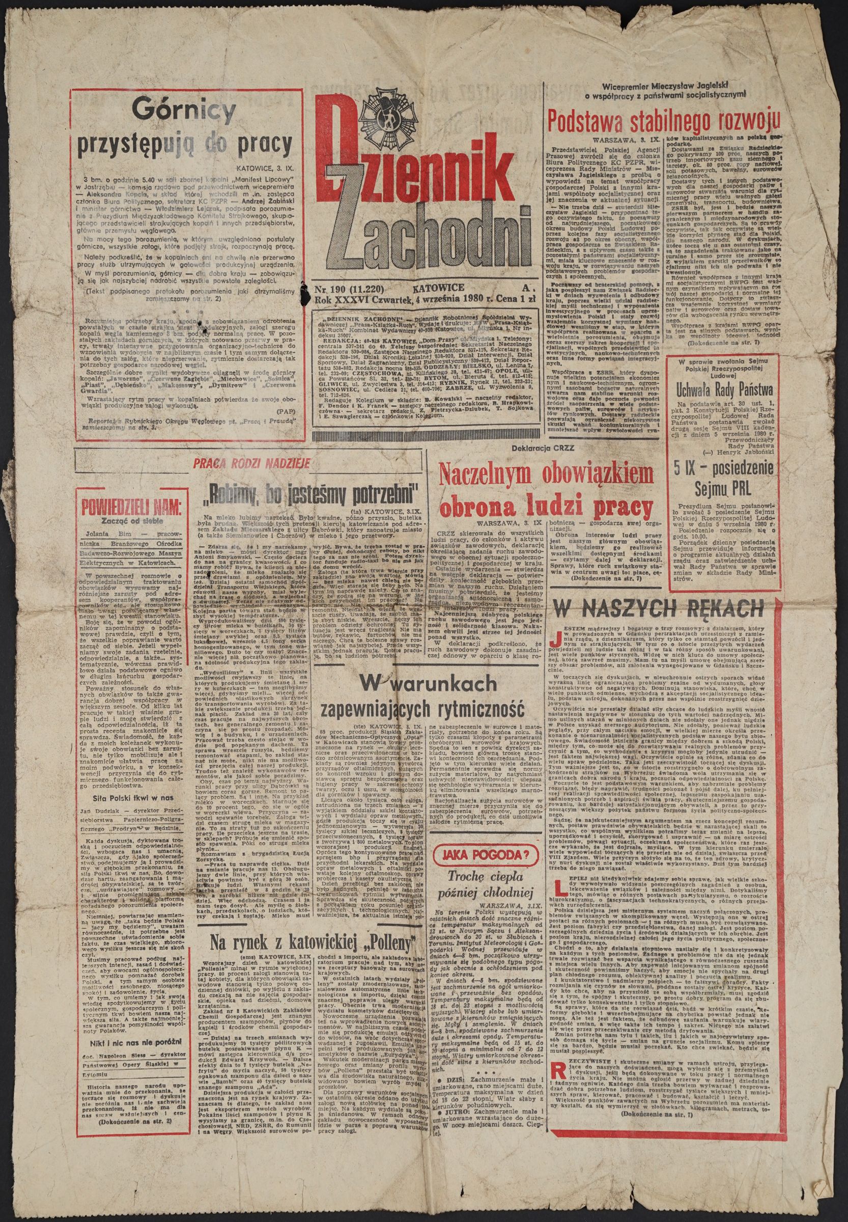 Pierwsza strona „Dziennika Zachodniego” z 4 września 1980 r. z tytułem „Górnicy przystępują do pracy”. Papier pożółkły, z ubytkami na brzegach.