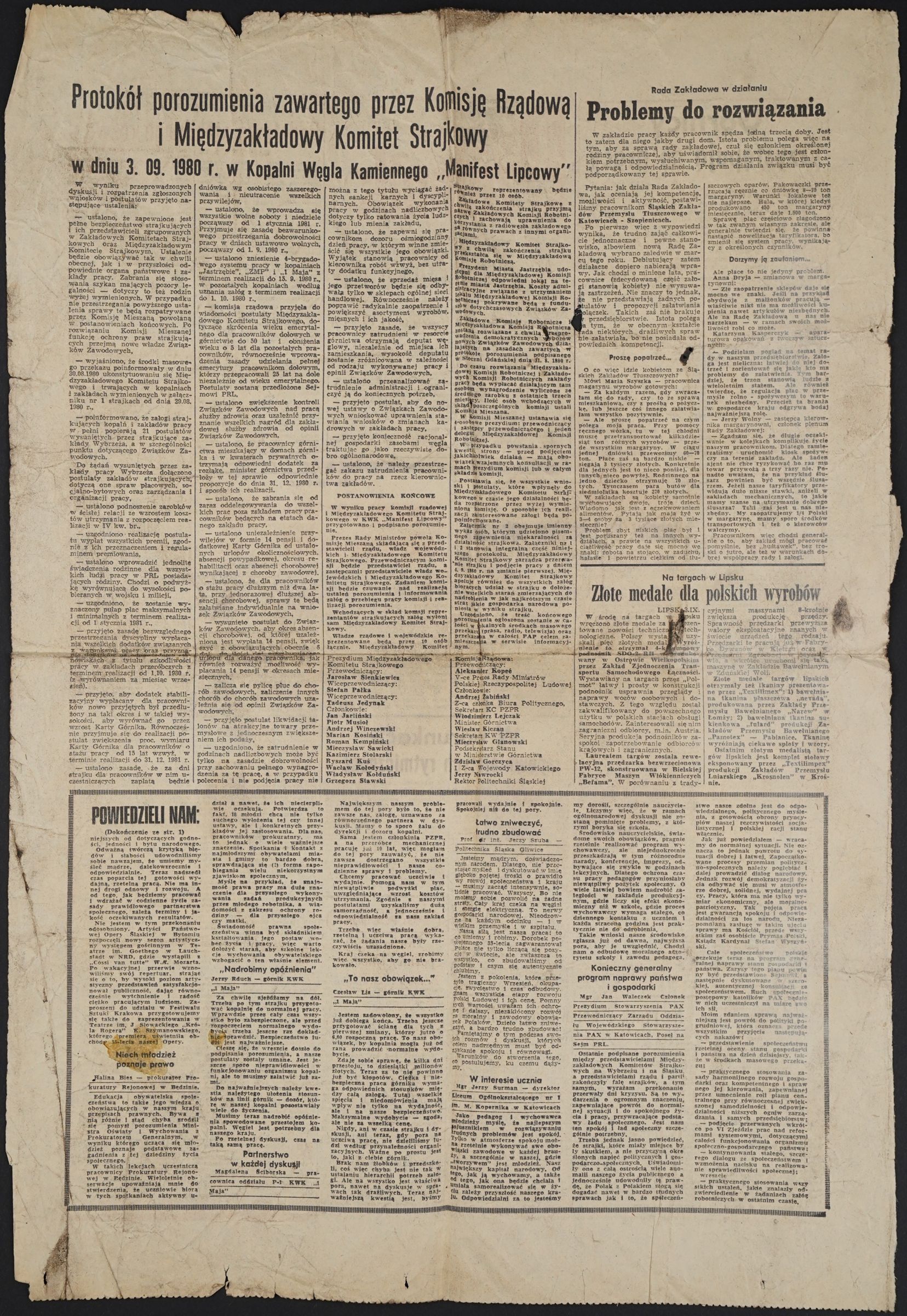 Strona z tekstem „Protokół porozumienia zawartego przez Komisję Rządową i Międzyzakładowy Komitet Strajkowy w dniu 3.09.1980 r. w Kopalni Węgla Kamiennego Manifest Lipcowy”.