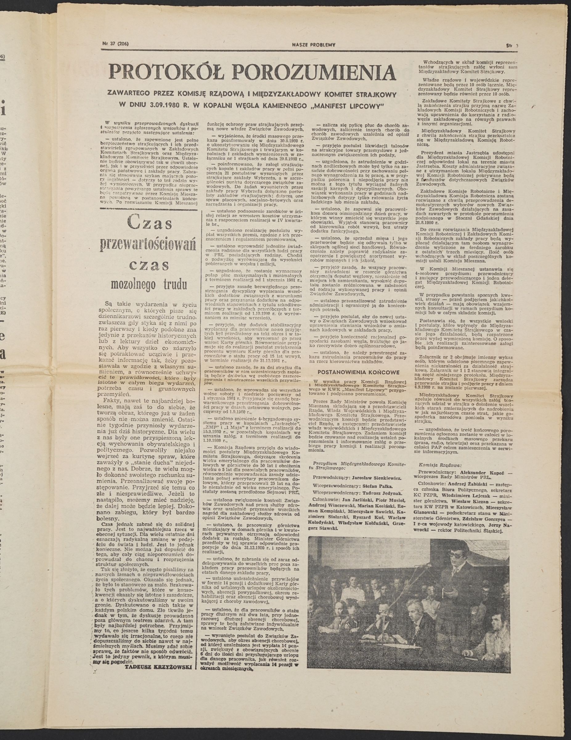 Strona 3 z tekstem „Protokół porozumienia zawartego przez Komisję Rządową i Międzyzakładowy Komitet Strajkowy w dniu 3.09.1980 r. w Kopalni Węgla Kamiennego Manifest Lipcowy”.