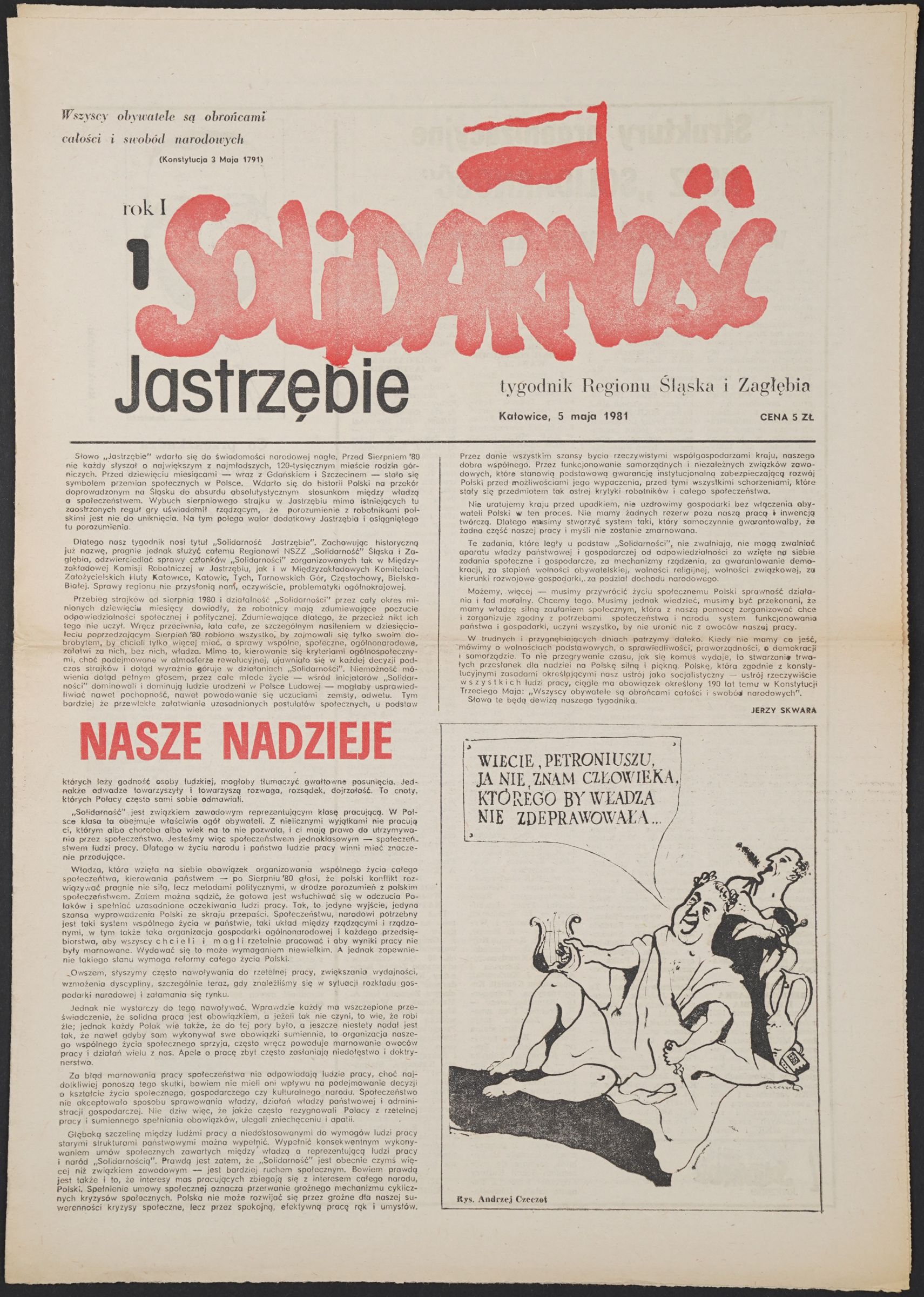 Pierwsza strona tygodnika „Solidarność Jastrzębie” nr 1 z 5 maja 1981 r. Czerwony napis „Solidarność” w winiecie, pod nim artykuł wstępny w dwóch kolumnach.