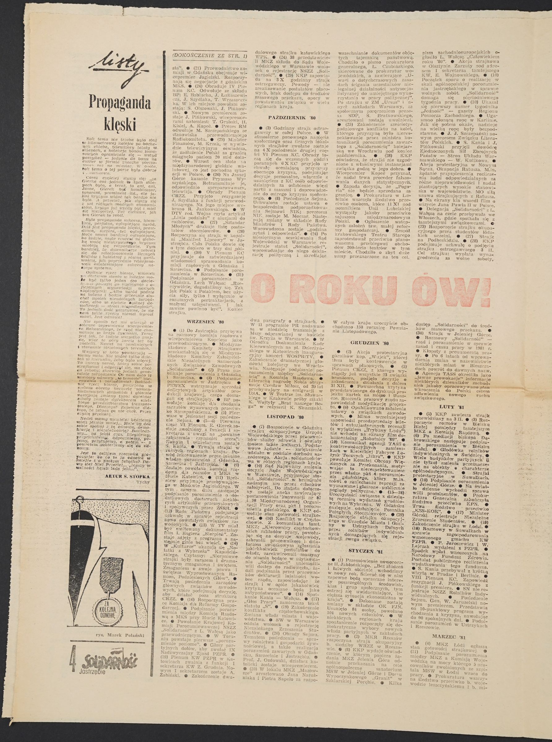Strona z rubryką „Listy”, tekstem „Propaganda klęski” i kalendarium „O roku ów!”.