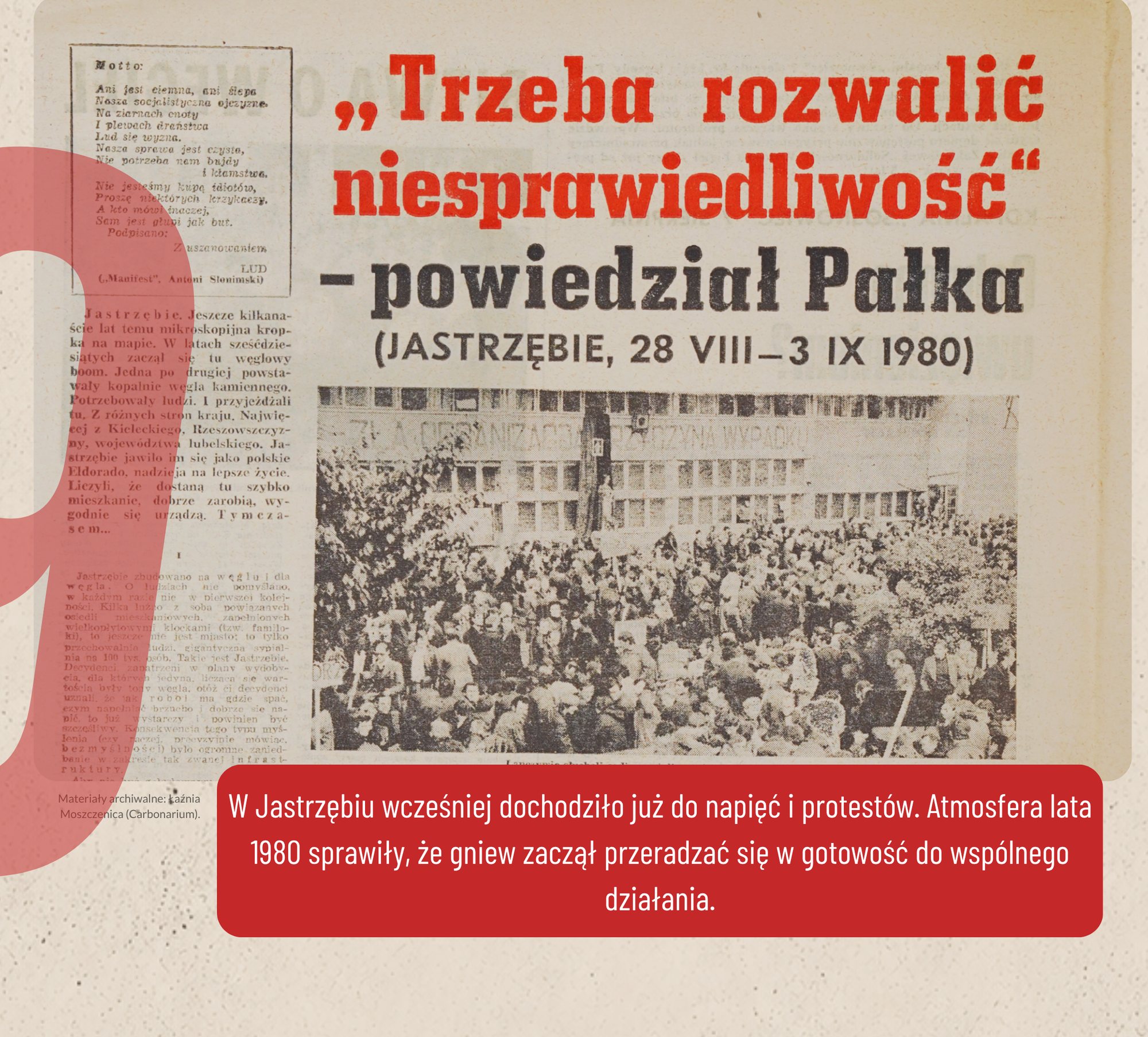 Fragment planszy „Początek buntu”: strona gazety z nagłówkiem „Trzeba rozwalić niesprawiedliwość – powiedział Pałka” i fotografią tłumu, duża czerwona cyfra 9 i czerwone pole z tekstem.