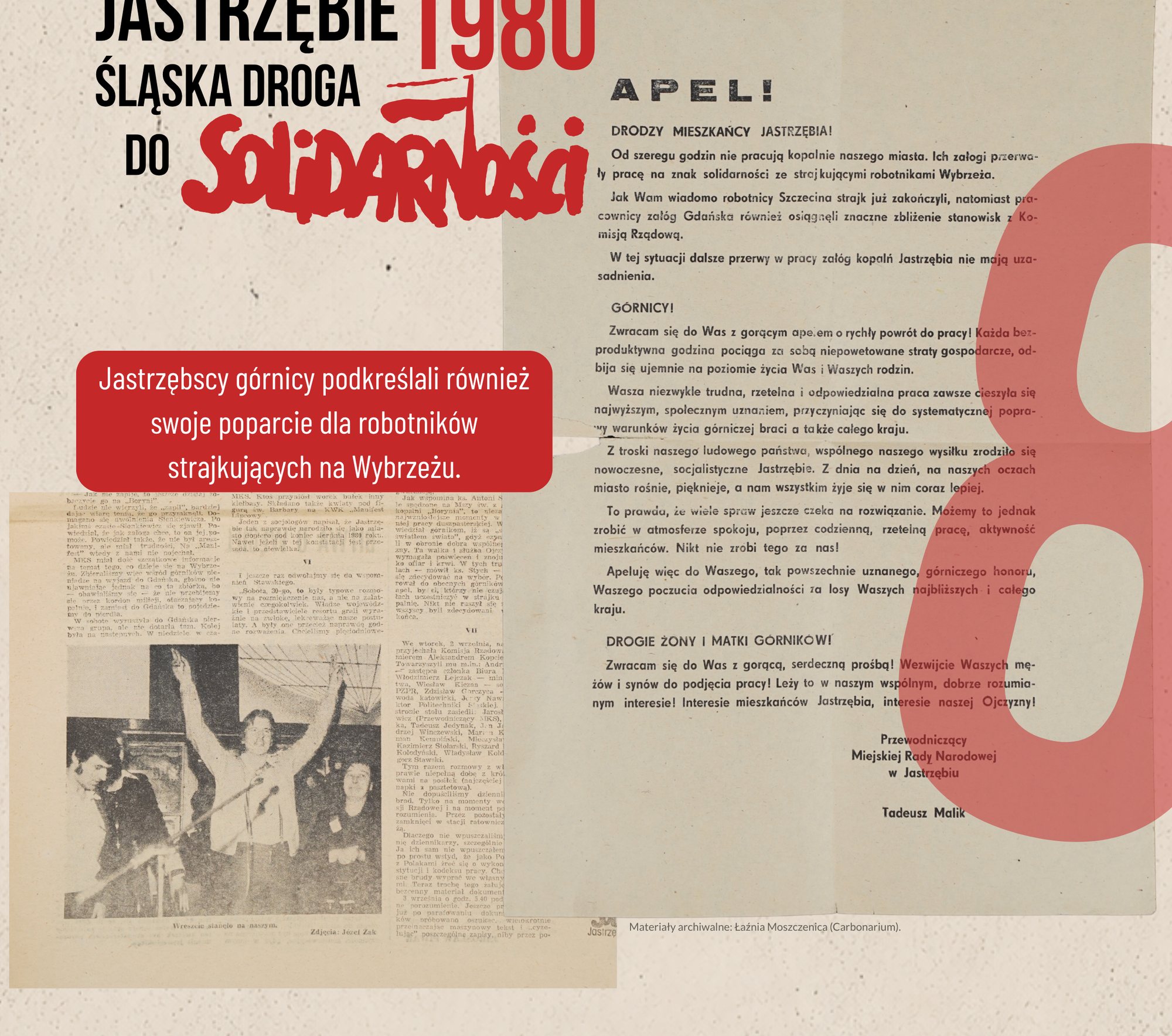 Fragment planszy o strajku: znak wystawy „Jastrzębie 1980. Śląska droga do Solidarności”, reprodukcja drukowanego apelu, wycinek prasowy z fotografią i duża czerwona cyfra 8.