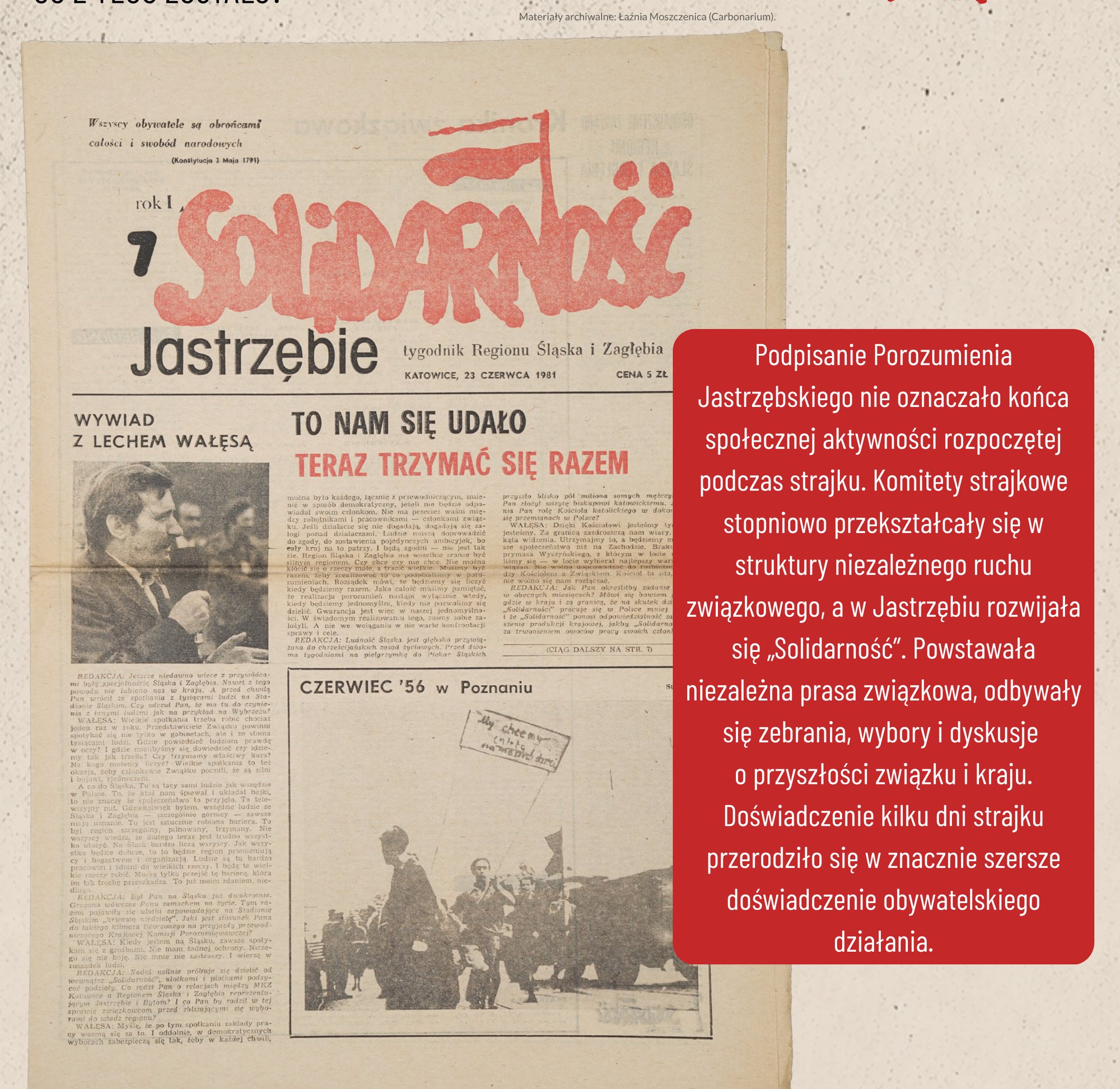 Fragment planszy „Solidarność”: pierwsza strona gazety „Solidarność Jastrzębie” z czerwonym napisem tytułowym i nagłówkiem „To nam się udało. Teraz trzymać się razem”; na niej czerwone pole z tekstem.