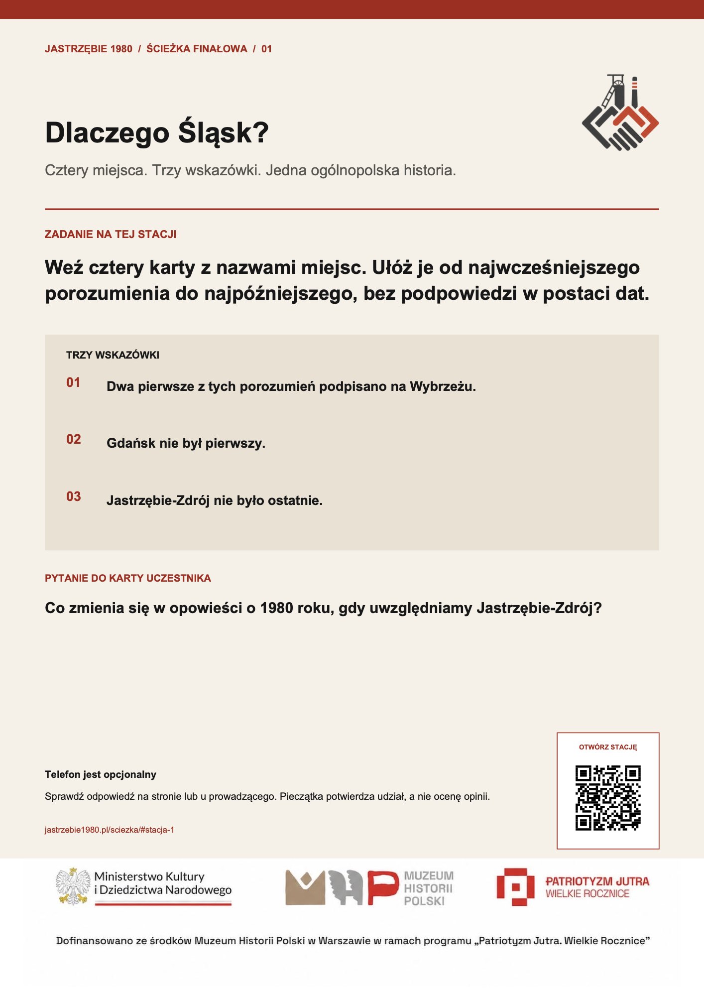 Plansza stacji 01 ścieżki finałowej z tytułem „Dlaczego Śląsk?”: opis zadania, trzy kroki, pytanie do karty uczestnika, kod QR i logotypy grantodawców.